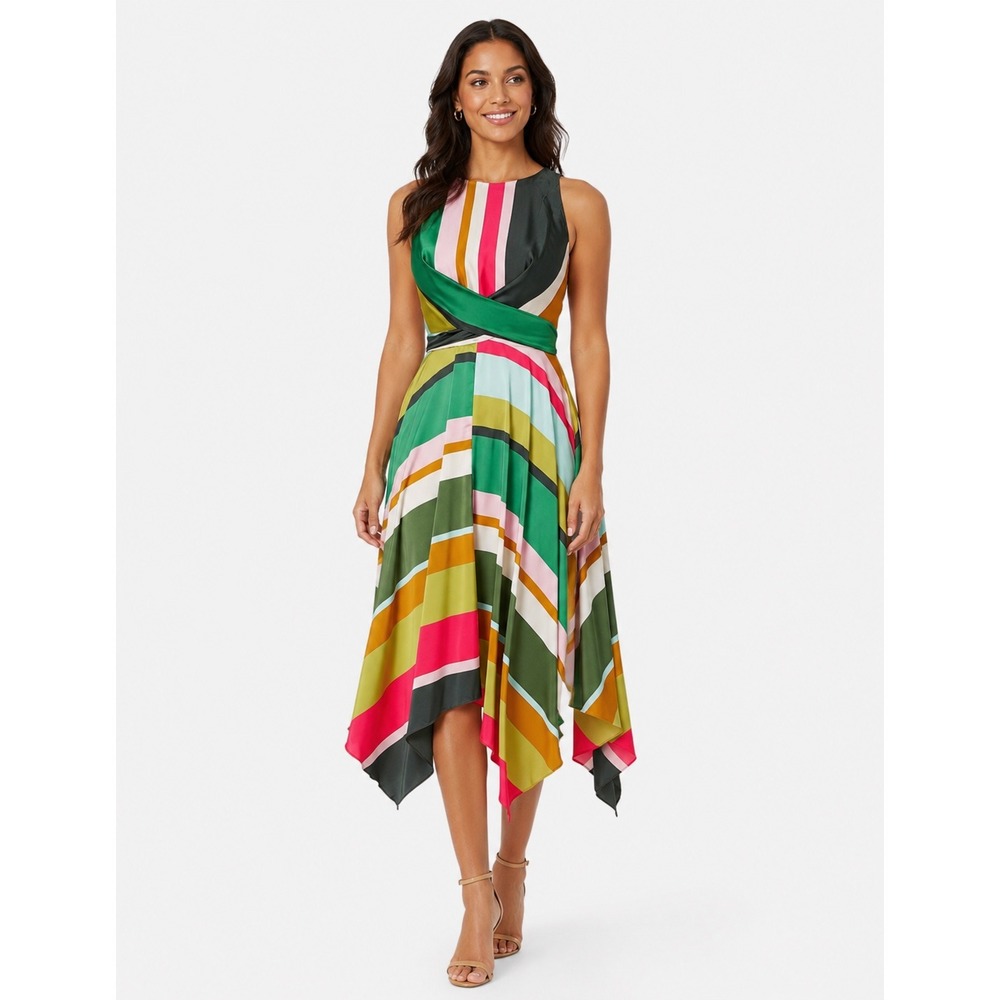 Maggy London Pop Party Striped Satin Twist Handkerchief Hem Midi Dress Size 4